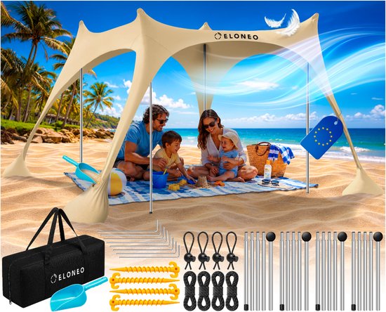 ELONEO Strandtent met Zonnedoek - UV-bescherming UPF 50+, Windscherm, Strandaccessoires & Camping, Crème 228x214x200 cm
