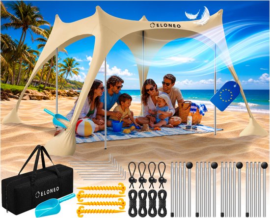 ELONEO Strandtent met Zonnedoek - UV-bescherming UPF 50+, Windscherm, Strandaccessoires & Camping, Crème 300x300x200 cm