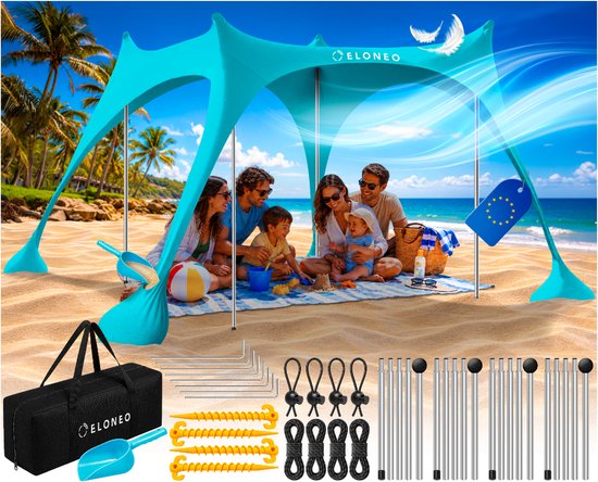 ELONEO Strandtent met Zonnedoek - UV-bescherming UPF 50+, Windscherm, Strandaccessoires & Camping, Turkoois 300x300x200 cm