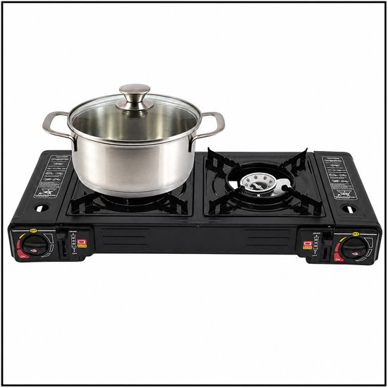 ELVENTO Camping kooktoestel gas - Fornuis - Camping gasstel - Portable gas stove - 2-pits - Individueel regelbaar - 2500W - Zwart