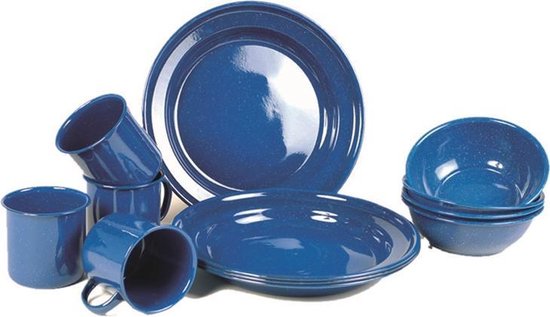 Emaille camping servies set borden, mokken, schaaltjes van Merkloos