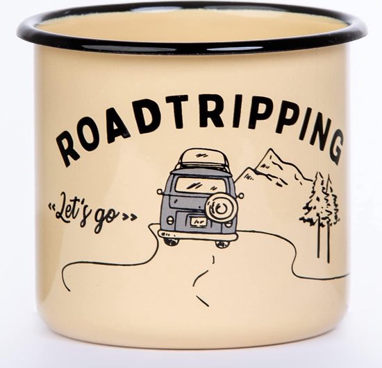 Emaille mok Roadtripping | met campingbus motief en spreuk | 330 ml, emaille beker, campinguitrusting (geel) van $
