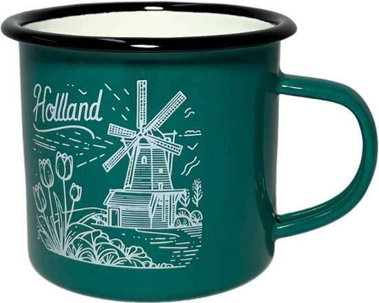Emaille stalen mok 350ml - Groen Zaanse molens