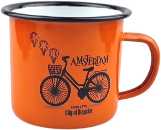 Emaille stalen mok 350ml - Oranje bike and balloons van Kikkerland