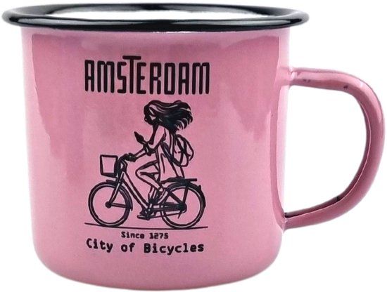 Emaille stalen mok 350ml - Roze girl on bicycle in the city van Fitz & Monroe