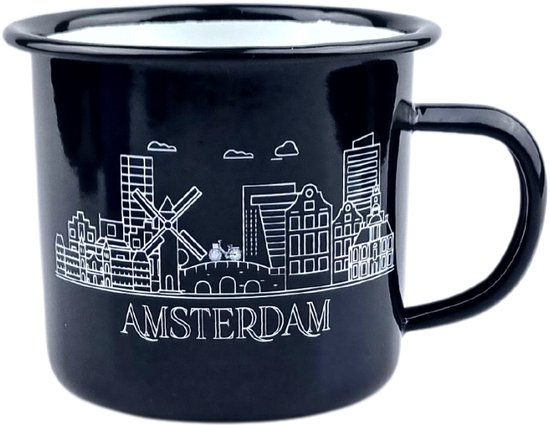 Emaille stalen mok 350ml - Zwart city skyline Amsterdam van Suck UK