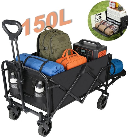 Emvae Bolderkar - Opvouwbare Bolderkar - Bolderwagen - 150L - 75 kg Draagvermogen - Zijvakken - Stalen Frame - Zwart
