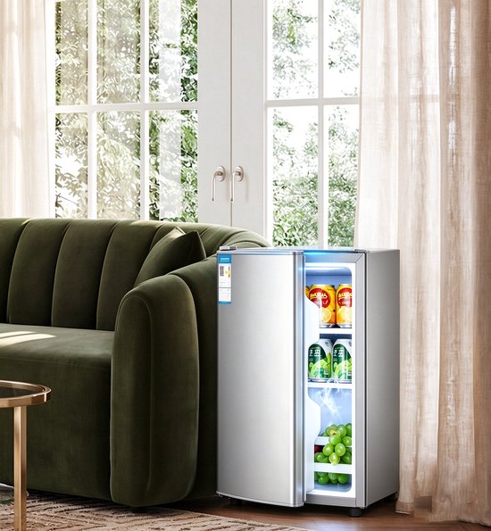 Energiezuinige minikoelkast 29L zilver één deur alleen koelen stil op 38 dB energieklasse A geschikt voor studenten kantoor en slaapkamer 55×40×39 cm