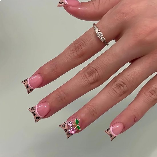 Enten Press on Nails Franse punt nepnagels met ontwerpen Glanzend Herfst Bruin Faux Nails Luipaard-patroon nagels Press on Acrylnagels Roze Luipaard Y2K 3D Kers