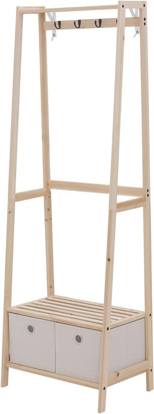 Entreekast garderobe kapstok met 4 haken en 2 laden - polyester lichtgrijs - 2 planken dennenhout van Lifa Living