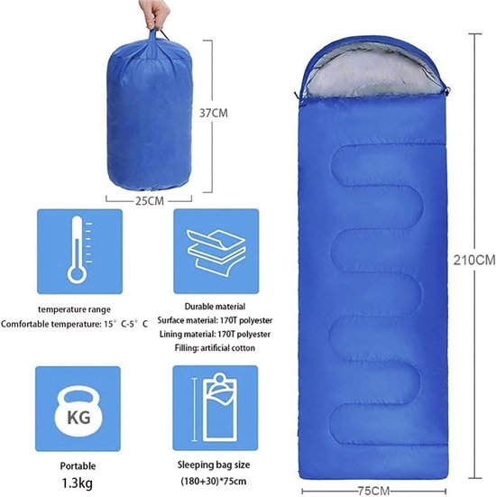 Envelop slaapzak - Kunstkatoen vulling 300 g/m² - Waterdicht - Comforttemperatuur 15°C tot 5°C