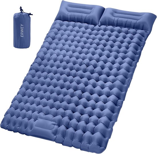 ERWEY Self-Inflating Sleeping Mat for 2 Persons, 200 x 135 cm, Ultralight Insulating Sleeping Mat, Inflatable Air Mattress, Sleeping Mat with Foot Pump, Foldable Sleeping Mats with Pillow, Navy Blue