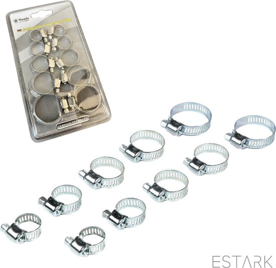 ESTARK® Slangenklemmen Set 10 STUKS - 5 Verschillende Formaten - RVS slangklem - Ø 15-32mm Klemmen Set voor om de Tuinslang Afvoerslang of Doucheslang Verschillende Formaten - Slang Koppeling Klem - Klemmen 10 STUKS van ESTARK