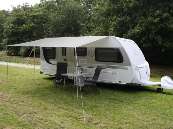 ESVO universele caravanluifel - 400 x 240 cm - lichtgrijs - met ESVO aluminium stokken, haringen en scheerlijnen van ES