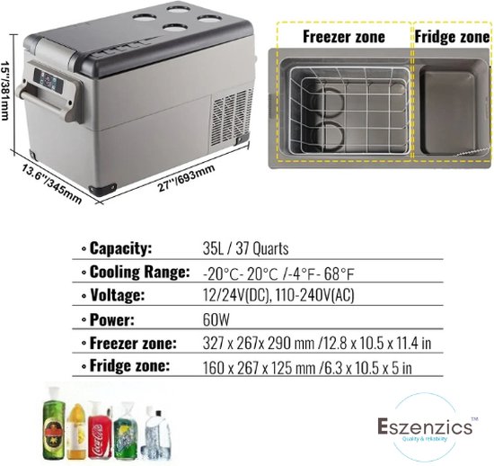 Eszenzics™ Mini koelkast Vriezer - Ruim 35L - Snelle Compressor koeler - Draagbaar - Lichtgewicht - 200V én 12V - Mobiele app - Camping - Outdoor - Auto - Vrachtwagen van Eszenzics™