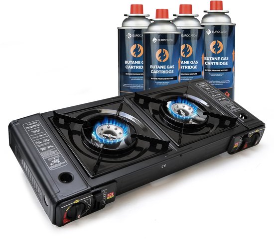 Eurocatch 2 pits Kooktoestel op Gas - incl 4 Butaan Gasbussen - Gas Stove - Camping Kooktoestel - Gaspit - Gasfornuis - Gasstel - Cooker van Eurocatch