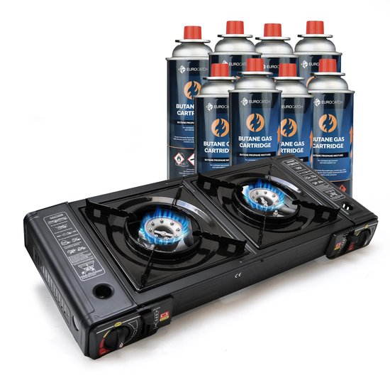 Eurocatch 2 pits Kooktoestel op Gas - incl 8 Butaan Gasbussen - Gas Stove - Camping Kooktoestel - Gaspit - Gasfornuis - Gasstel - Cooker van Eurocatch