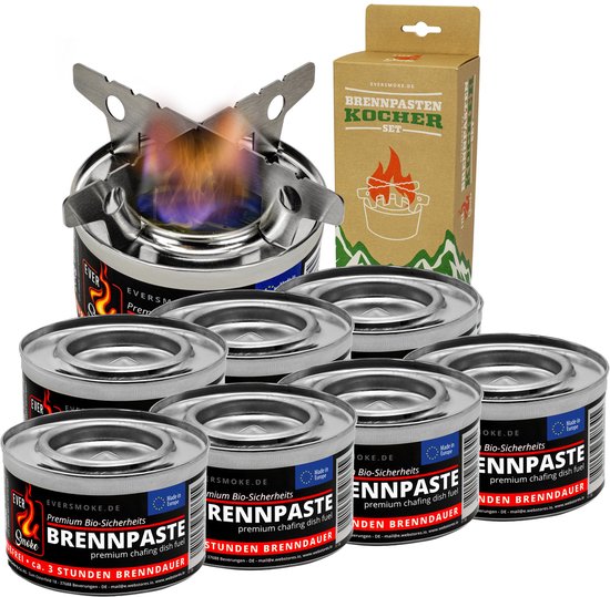 Eurocatch Brandpasta Outdoorset - 8x 200g Brandgel - RVS Kruisstandaard - Roetloos & Geurloos - Ca. 3 Uur Brandduur - Noodkookset