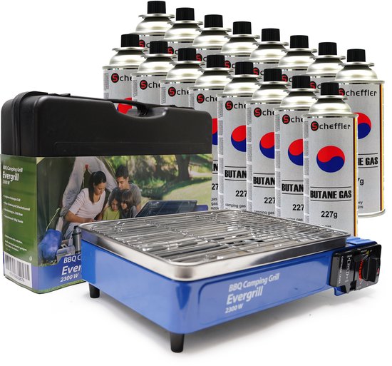 Eurocatch Butaangas Camping Grill Evergrill incl 16 Gasbussenl - Gas Barbecue - Camping Kooktoestel - Tafelgrill - Tafelbarbecue van Eurocatch