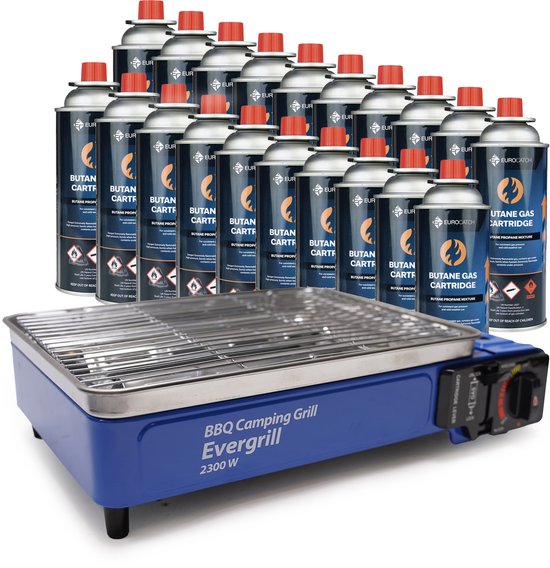Eurocatch Butaangas Camping Grill - Evergrill incl 20 Gasbussen - Gas Barbecue - Camping Kooktoestel - Tafelgrill - Tafelbarbecue - Noodpakket van Eurocatch