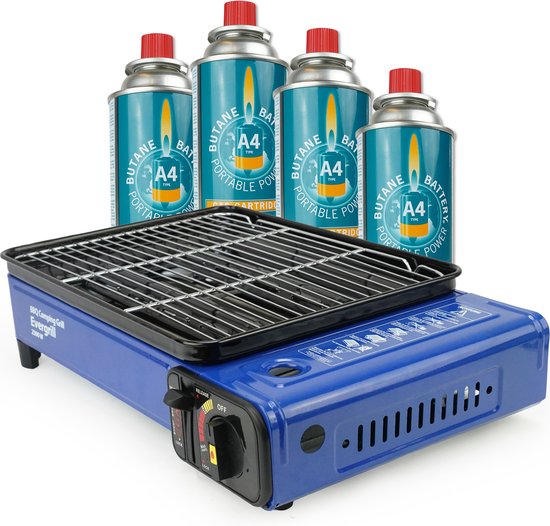 Eurocatch Butaangas Camping Grill - Evergrill incl 4 Gasbussen - Gas Barbecue - Camping Kooktoestel - Tafelgrill - Tafelbarbecue van Eurocatch