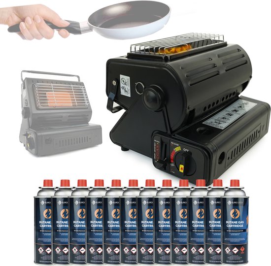 Eurocatch Combi Kooktoestel - Incl. 12 Butaan Gasbussen - Kooktoestel en Kachel in 1 - Gaspit - Gasfornuis - Gasstel - Cooker - Terrasverwarmer - Camping gaskachel - Gas Heater - Verstelbaar - Draagbaar van Eurocatch