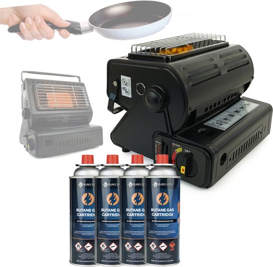 Eurocatch Combi Kooktoestel - Incl. 4 Butaan Gasbussen - Kooktoestel en Kachel in 1 - Gaspit - Gasfornuis - Gasstel - Cooker - Terrasverwarmer - Camping gaskachel - Gas Heater - Verstelbaar - Draagbaar van Eurocatch