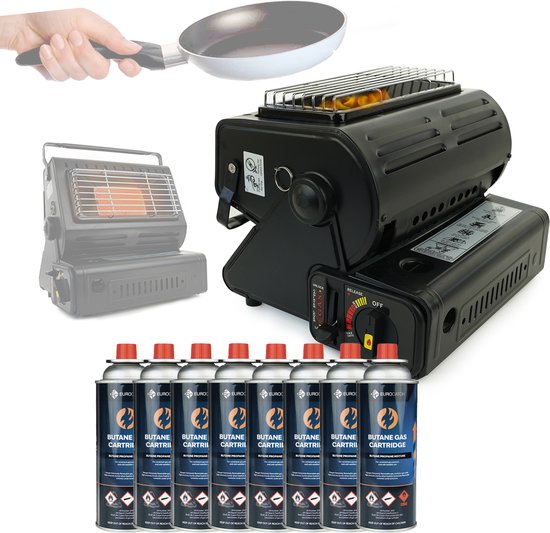 Eurocatch Combi Kooktoestel - Incl. 8 Butaan Gasbussen - Kooktoestel en Kachel in 1 - Gaspit - Gasfornuis - Gasstel - Cooker - Terrasverwarmer - Camping gaskachel - Gas Heater - Verstelbaar - Draagbaar van Eurocatch