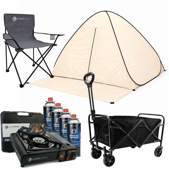 Eurocatch Complete Outdoor en Camping Set – Bolderkar + Pop-up Tent + Campingstoel + Gas Kooktoestel incl. 4 Gasbussen