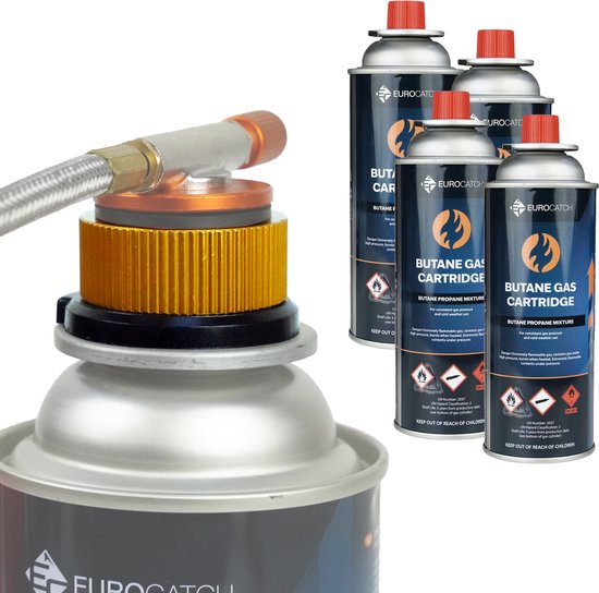 Eurocatch Connector to 227gr Cartridge incl 4 gas-cartridges- ook geschikt voor schroefdraad gasbussen B188 (Coleman) van Merkloos