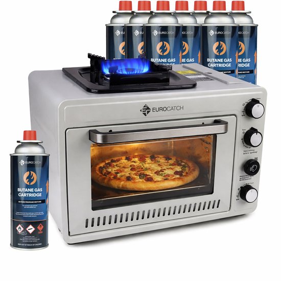 Eurocatch Draagbare Gasoven op 227 g Gasbusjes - Camping Oven met Brander - 2,1 kW - Elektronische Ontsteking - Outdoor & Thuisgebruik - incl. 8 gasbusjes