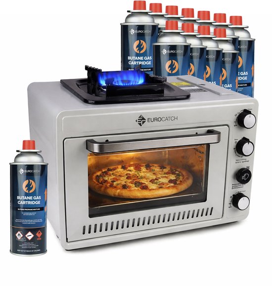 Eurocatch Draagbare Gasoven op 227 g Gasbusjes - Camping Oven met Brander - 25,2 Liter - 2,1 kW - Elektronische Ontsteking - Outdoor & Thuisgebruik - incl. 12 gasbusjes van Eurocatch