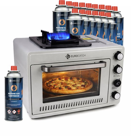 Eurocatch Draagbare Gasoven op 227 g Gasbusjes - Camping Oven met Brander - 25,2 Liter - 2,1 kW - Elektronische Ontsteking - Outdoor & Thuisgebruik - incl. 16 gasbusjes van Eurocatch