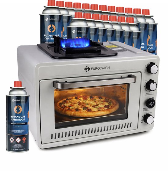 Eurocatch Draagbare Gasoven op 227 g Gasbusjes - Camping Oven met Brander - 25,2 Liter - 2,1 kW - Elektronische Ontsteking - Outdoor & Thuisgebruik - incl. 20 gasbusjes van Eurocatch