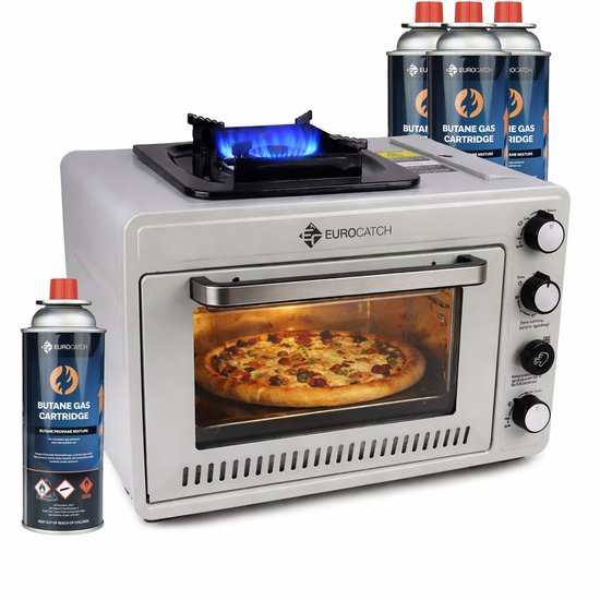 Eurocatch Draagbare Gasoven op 227 g Gasbusjes - Camping Oven met Brander - 25,2 Liter - 2,1 kW - Elektronische Ontsteking - Outdoor & Thuisgebruik - incl. 4 gasbusjes van Eurocatch
