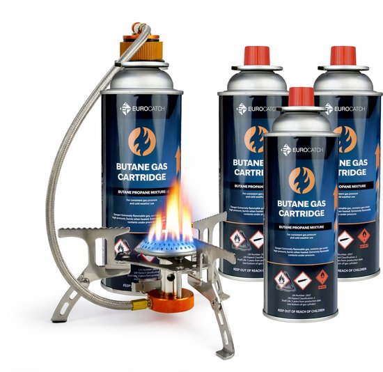 Eurocatch Foldable Gas Burner 2200W met Connector - incl. 4 gasbussen - Opvouwbare Camping Gasbrander met Draagkoffer van Merkloos
