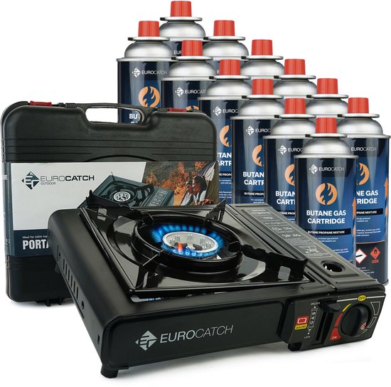 Eurocatch Kooktoestel op Gas - incl 12 Gasbussen - Krachtige brander van 2500W - Gas Stove - Camping Kooktoestel - Gaspit - Gasfornuis - Gasstel - Cooker - Draagkoffer
