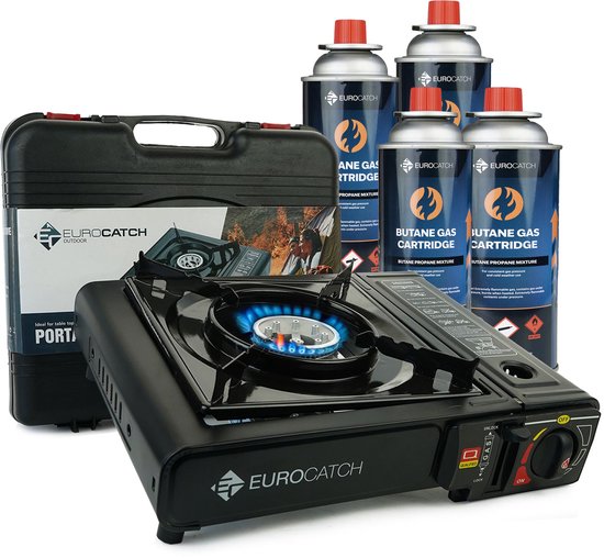 Eurocatch Kooktoestel op Gas - incl 4 Gasbussen -Gas Stove - Camping Kooktoestel - Gaspit - Gasfornuis - Gasstel - Cooker - Draagkoffer