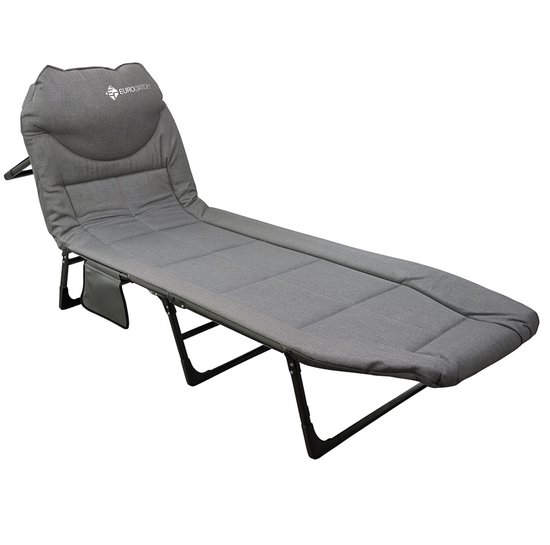 Eurocatch Opvouwbaar Campingbed Grijs - Verstelbare Rugleuning 5 Standen - 4 Steunpoten - Gevoerd Hoofdkussen - Zijvak - Camping Veldbed - 195x65x27 cm