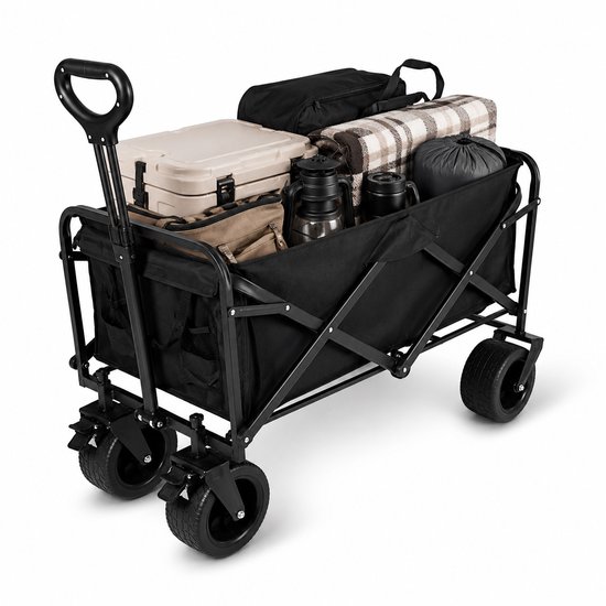 Eurocatch Opvouwbare Bolderkar XL - Transportwagen - Extra Brede PVC-Wielen - 180 kg Draagvermogen - Verstelbare Trekstang - Camping - Strand - Zwart
