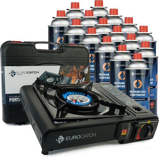 Eurocatch Outdoor - Kooktoestel op Gas - incl 16 Butaan Gasbussen - Gas Stove - Camping Kooktoestel - Gaspit - Gasfornuis - Gasstel - Cooker - Draagkoffer van Merkloos