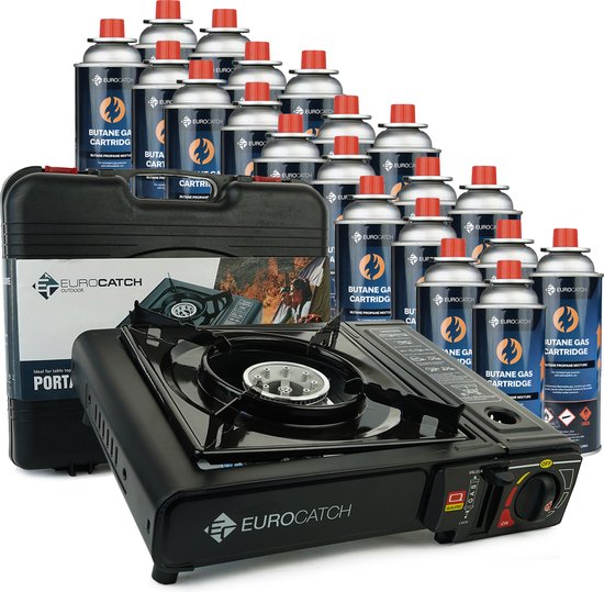 Eurocatch Outdoor - Kooktoestel op Gas - incl 20 Butaan Gasbussen - Gas Stove - Camping Kooktoestel - Gaspit - Gasfornuis - Gasstel - Cooker - Draagkoffer