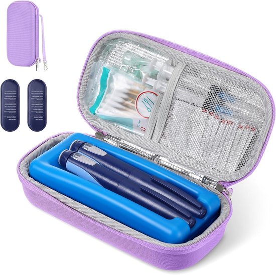 EVA Insulin Cooler Travel Hard Case - TSA Goedgekeurde Diabetes Koeltas voor Medicijnen, Draagbare Organizer met IJs Packs en Koelelementen, Paars
