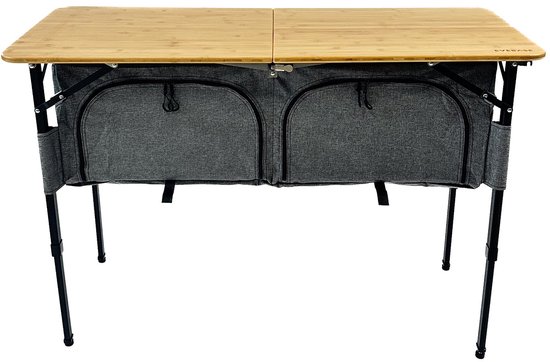 EveBase Flex 120 - Campingkast - Inklapbare Campingtafel met Opbergruimte - Verstelbaar - Bamboe - Grijs/Zwart
