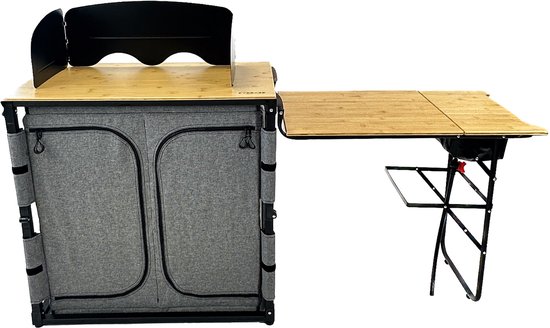 EveBase Flex Deluxe - Campingkeuken - Inklapbare Campingkast met Windscherm/Wasbak/Zijblad - Bamboe - Grijs/Zwart