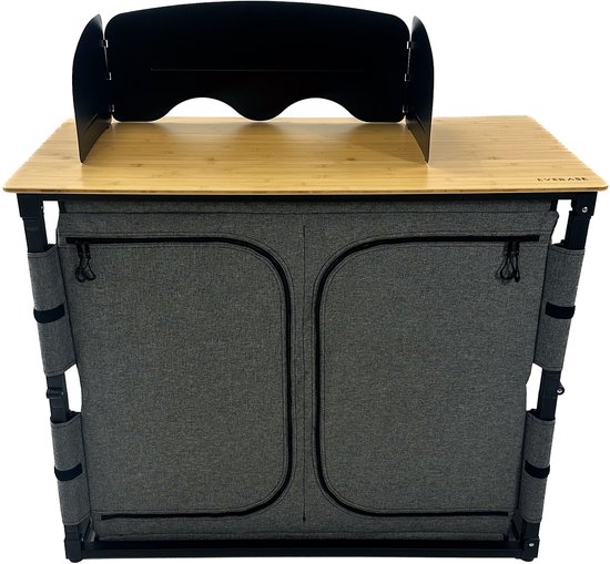 EveBase Flex Essential - Campingkeuken - Inklapbare Campingkast met Windscherm - Bamboe - Grijs/Zwart