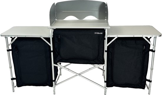 EveBase Silver - Campingkeuken/Campingkast met Windscherm - Opvouwbaar - Ruim Werkblad - Zwart/Zilver