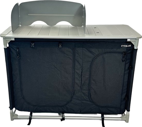 EveBase Silver - Campingkeuken/Campingkast met Windscherm/Wasbak - Ruim Werkblad - Zwart/Zilver