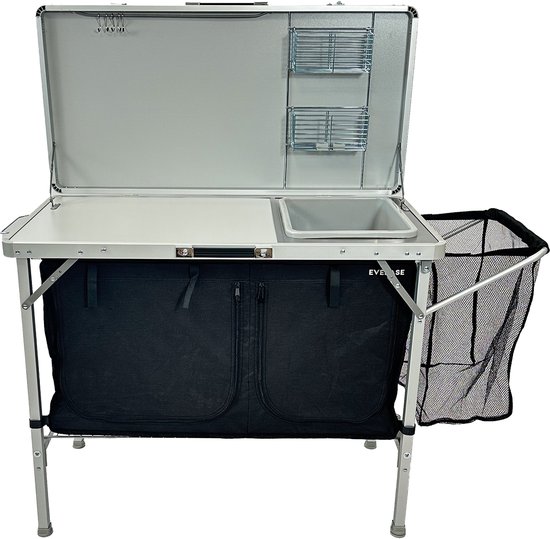 EveBase Silver Deluxe - Campingkeuken met Wasbak - Opvouwbare Campingkast met Opbergruimte en Organizers - Zilver/Zwart