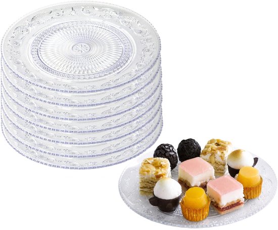 Excellen Houseware taart en gebakbordjes - 8x - kunststof - kristal ornament - transparant - Dia 18 cm